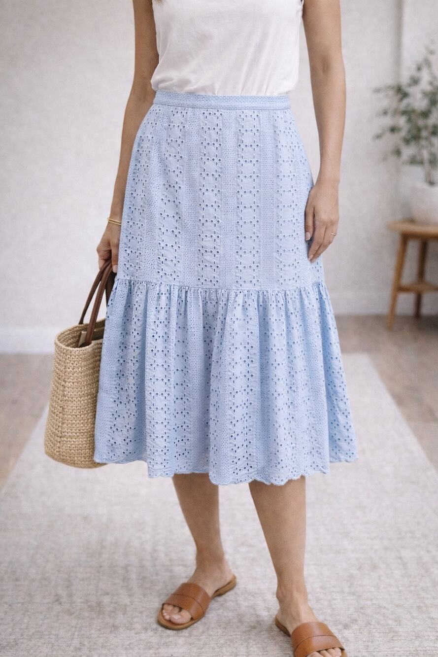 J.CREW Eyelet Skirt Blue Cotton Midi Skirt Ruffle Hem Cottagecore 12 Tall